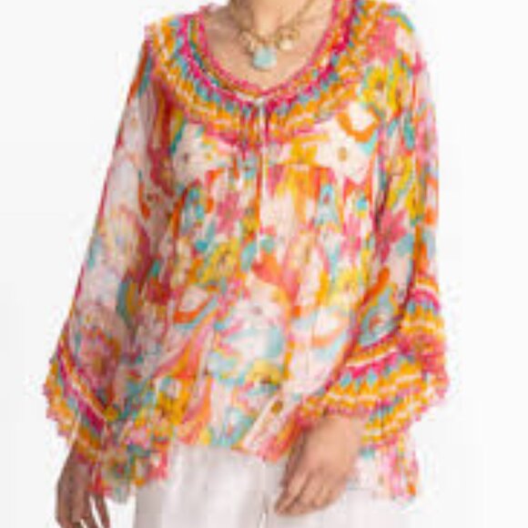 Johnny Was Jade GAL RUFFLE TIE BLOUSE Prismatic Dream XS - Picture 1 of 3